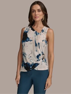 Donna Karan Blue and Cream Sleeveless V-Neck Print Top